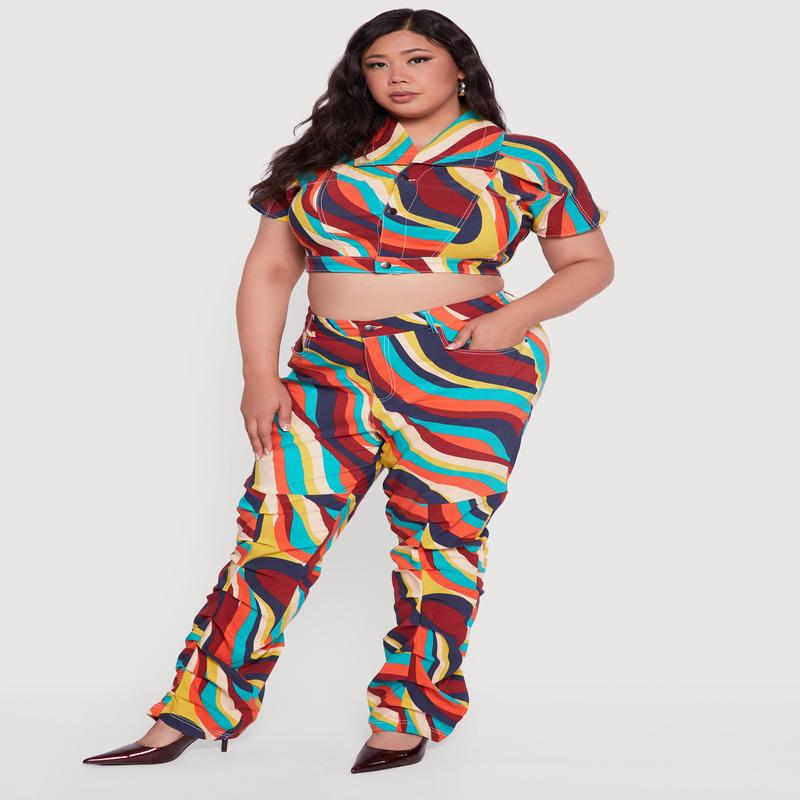 Plus Size High Waisted Psychedelic Swirl Stacked Pants