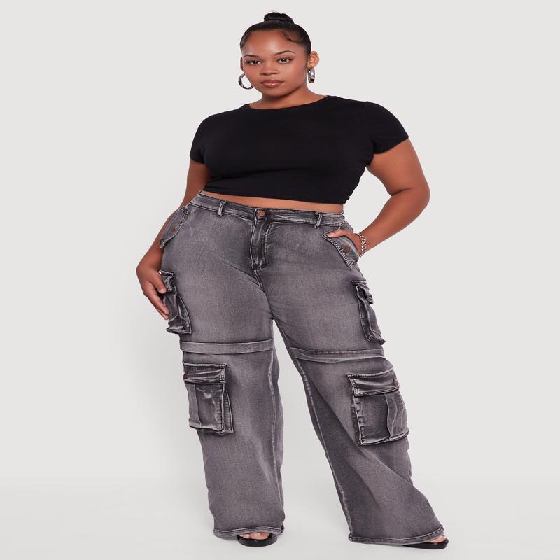 Plus Size Mineral Wash Straight Leg Cargo Jeans