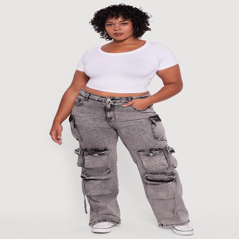 Plus Size VIP Acid Wash High Waisted Flare Leg Cargo Jeans