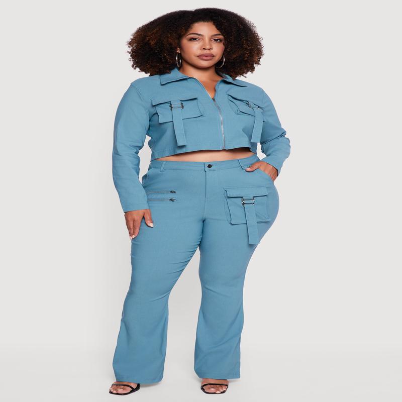 Plus Size Zip Detail Flare Leg Pants with Cargo Pocket