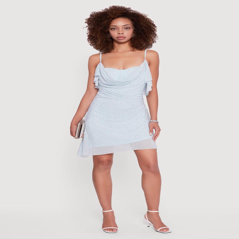 Rhinestone Mesh Padded Cup Cowl Neck Bustier Dress