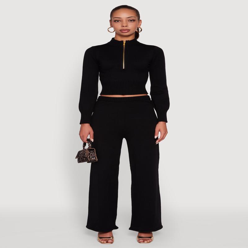 Rib Knit High Waisted Wide Leg Casual Pants