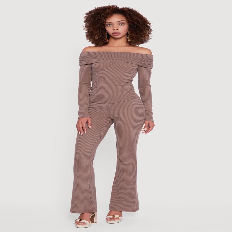 Ribbed Knit Flare Leg Casual Pants