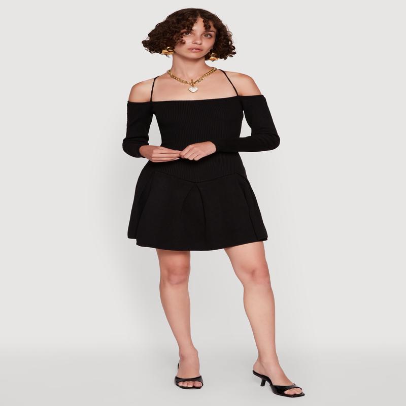 Ribbed Knit Lace Up Back Pleated Sweater Dress