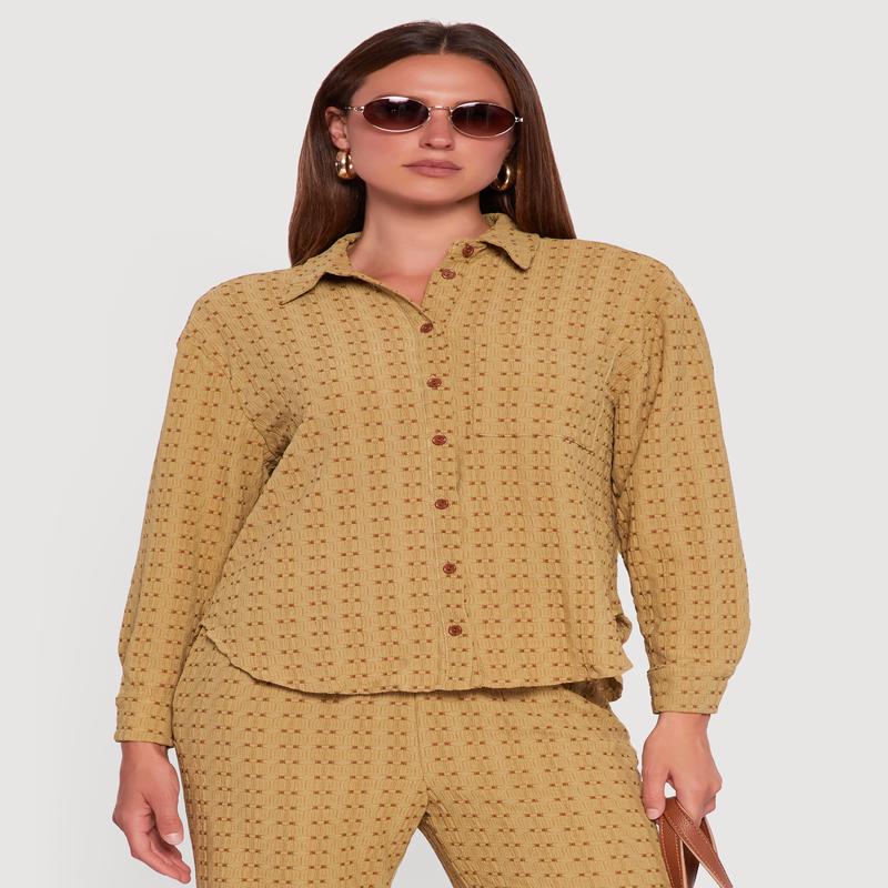 Textured Knit Decorative Stitch Button Front Shirt