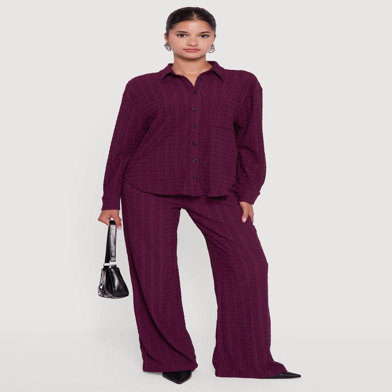 Textured Knit Decorative Stitch Wide Leg Pants