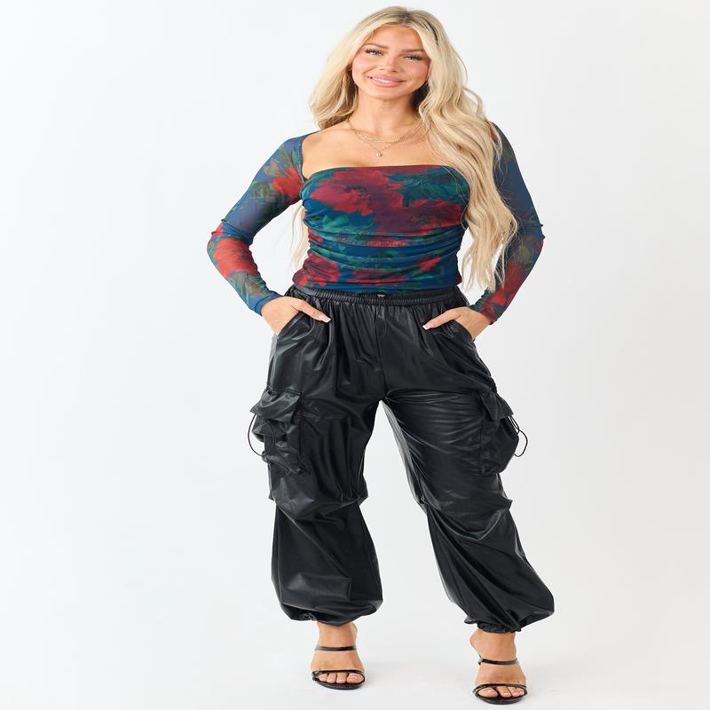 Black Faux Leather Elastic Waist Cargo Pants