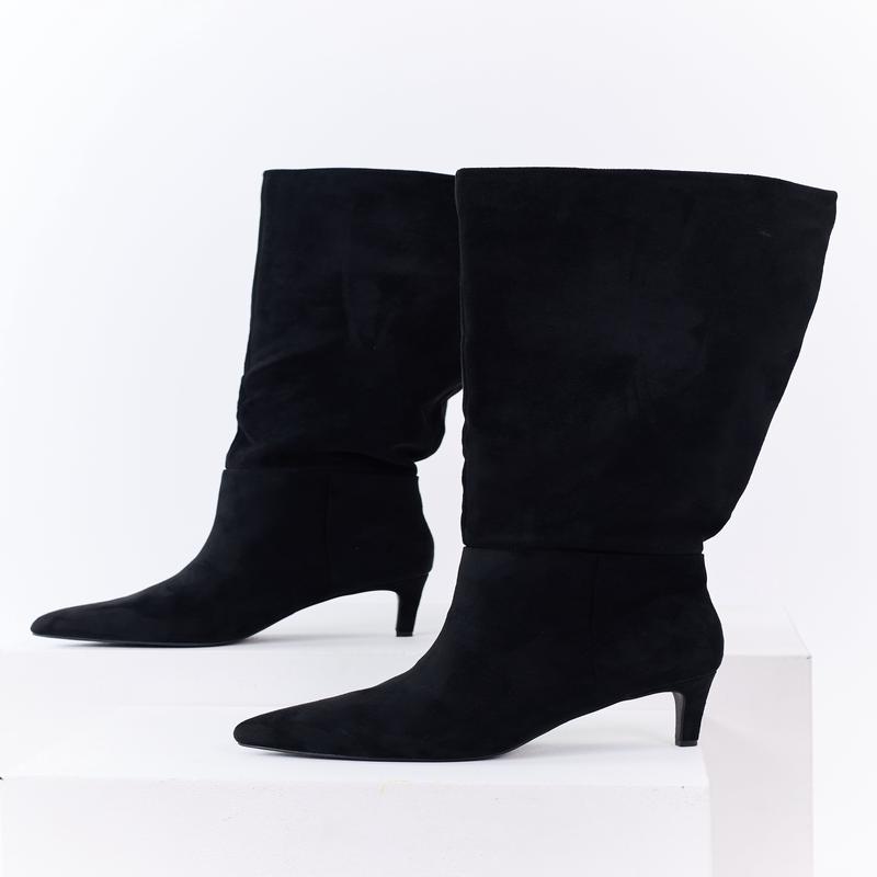 Black Faux Suede Pointed Toe Heeled Tall Boots