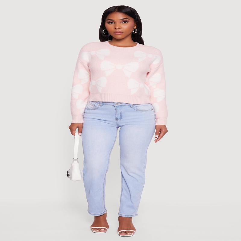 Bow Print Crew Neck Long Sleeve Sweater