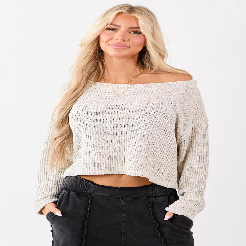 Champagne Open Knit Boxy Long Sleeve Top
