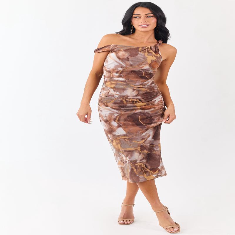 Chocolate Marble Print Off Shoulder Mesh Midi Dress