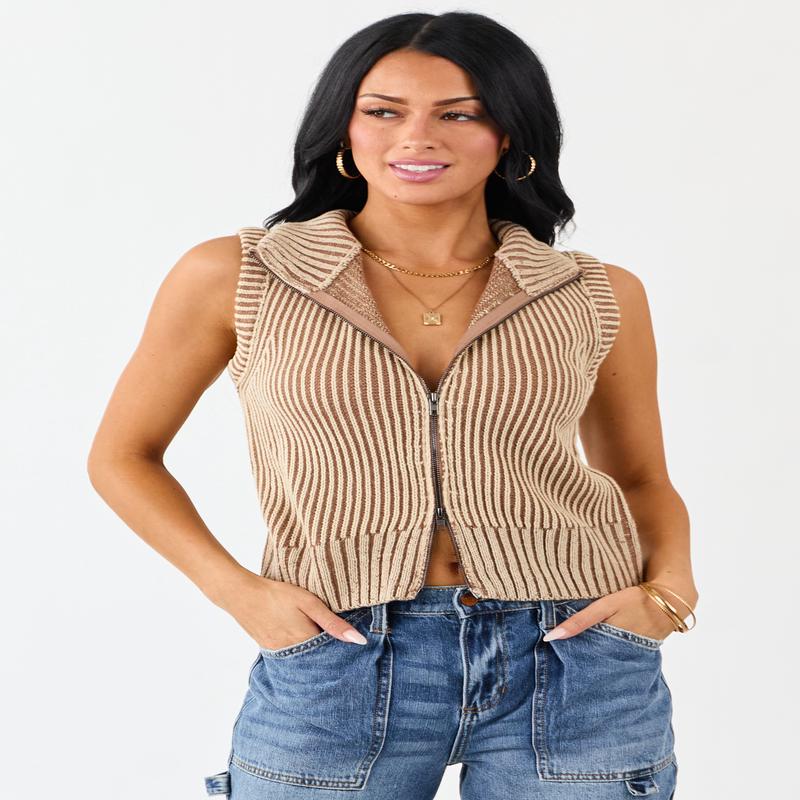 Coffee and Camel Rib Knit Zip Up Sweater Vest