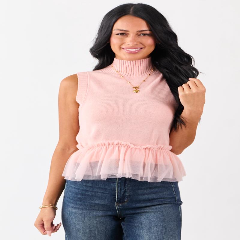 Coral Tulle Ruffle Hem Mock Neck Sweater Tank