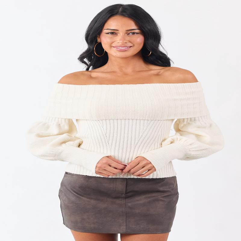 Cream Off Shoulder Long Puff Sleeve Sweater