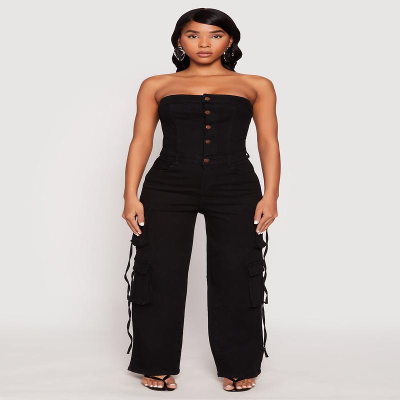 Daisy Denim Button Front Cargo Jumpsuit