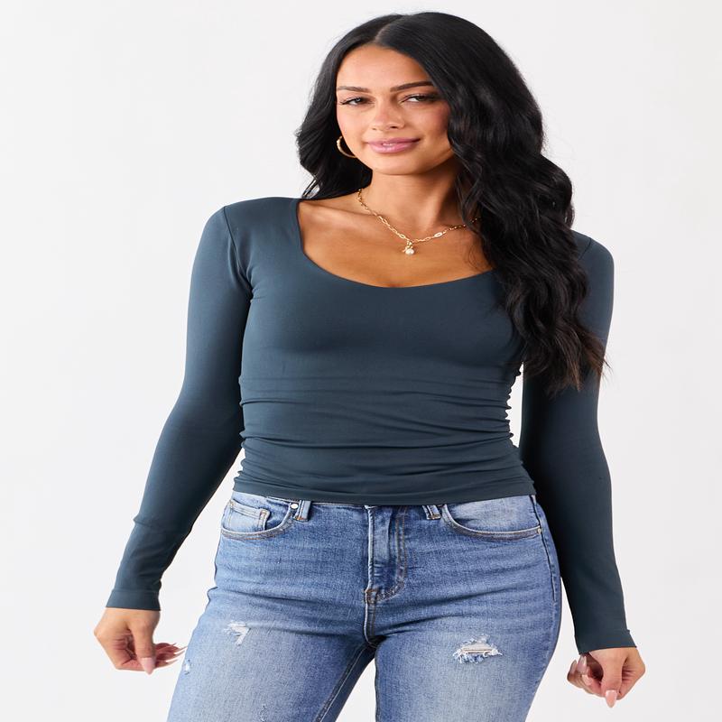 Dark Juniper Scoop Neck Fitted Long Sleeve Top