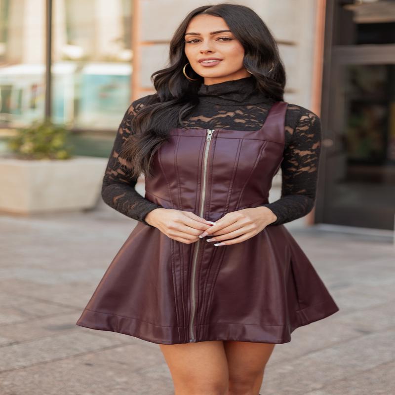 Dark Marsala Faux Leather Front Zipper Mini Dress