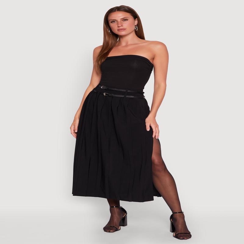 Double Belted Side Slit Pleated Skirt