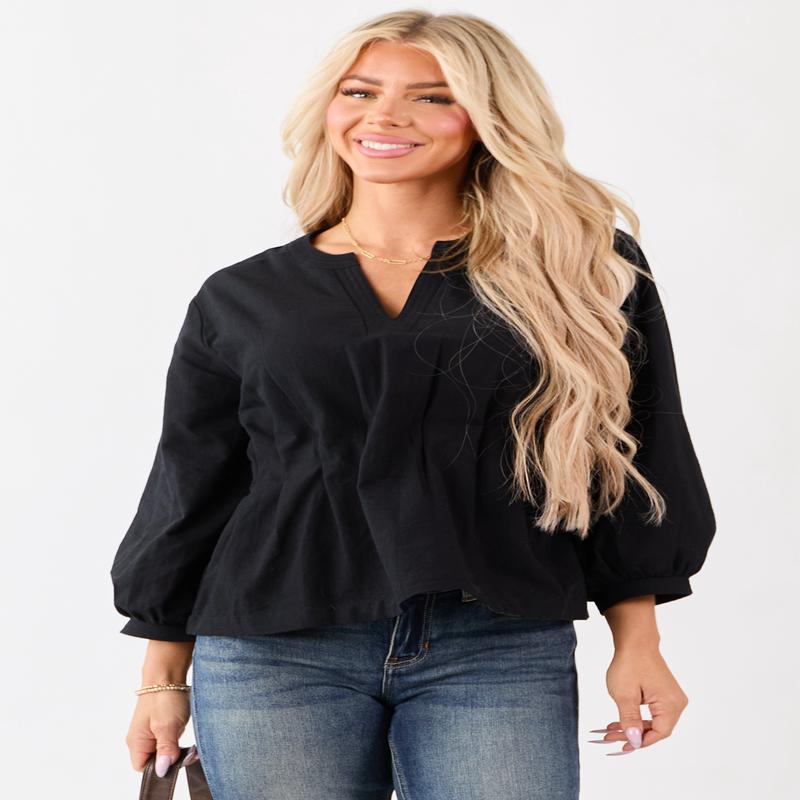 Entro Black V-Neck Long Sleeve Pleated Top