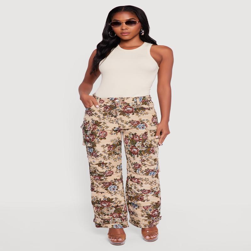 Floral Jacquard Straight Leg Cargo Pants