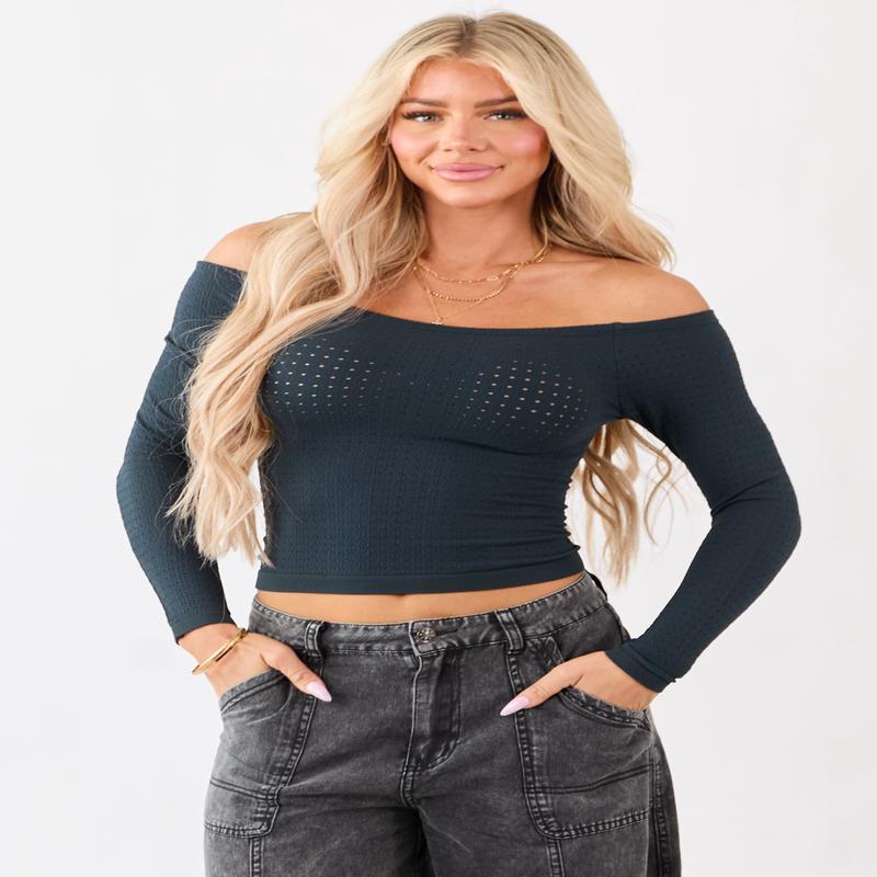 Forest Green Pointelle Off Shoulder Long Sleeve Top