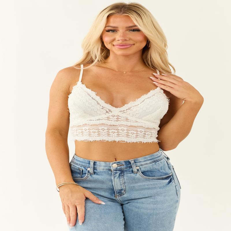 Ivory Lace V Neckline Smocked Back Bralette