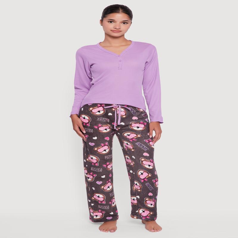 Lettuce Edge Pajama Top and Plush Dream Bear Graphic Pants