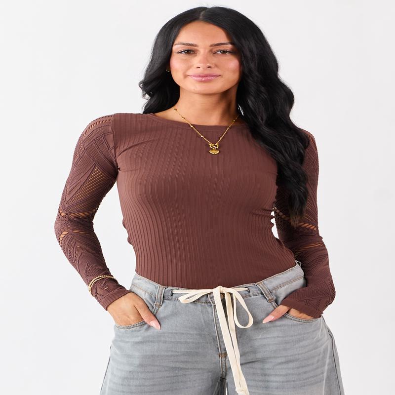 Light Cocoa Eyelet Sleeve Round Neck Knit Top