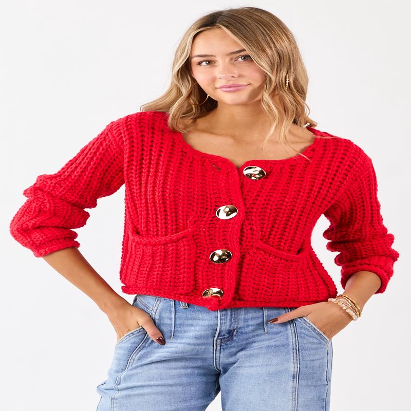 Lipstick Chunky Rib Knit Button Down Cardigan