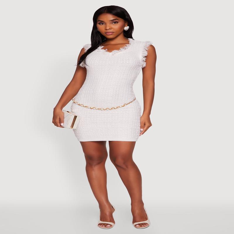 Lurex Tweed Frayed Keyhole Back Mini Dress