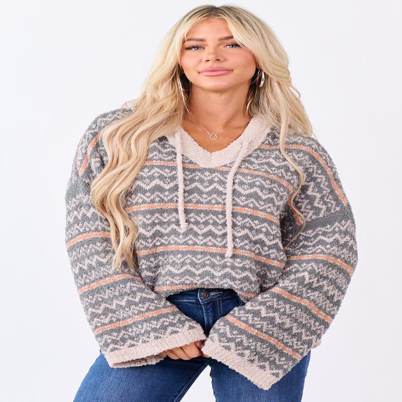 Mello Juniper Abstract Print Soft Knit Hooded Sweater