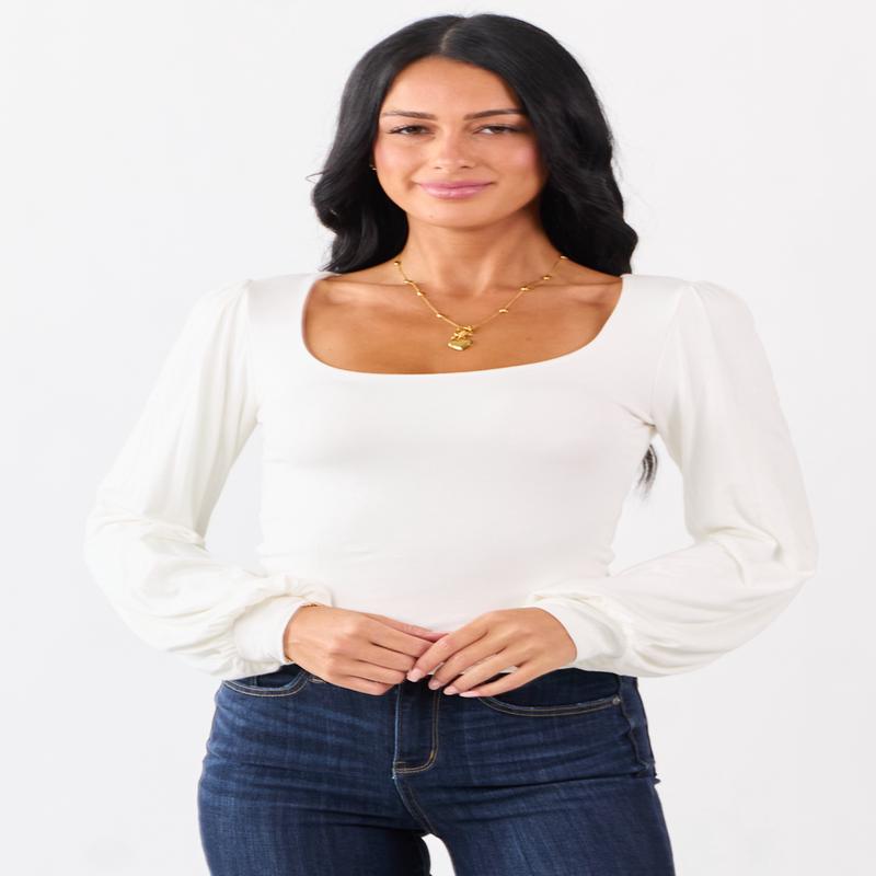 Off White Double Layer Knit Balloon Sleeve Top