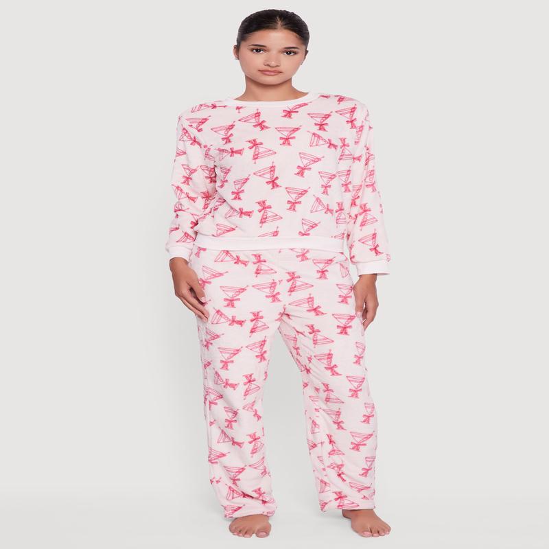 Plush Martini Print Long Sleeve Pajama Top and Pants