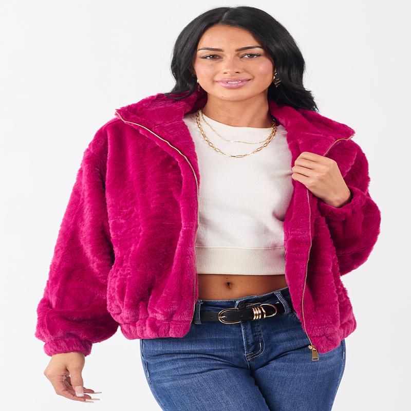 Raspberry Faux Fur Zip Up Collared Jacket