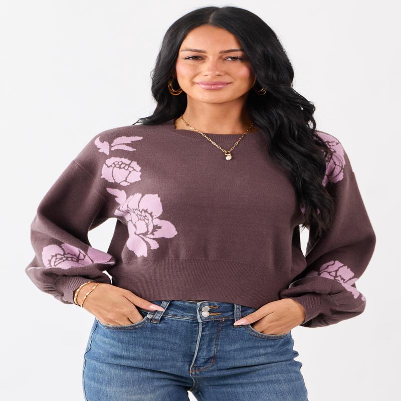 She+Sky Walnut Floral Print Crew Neck Sweater