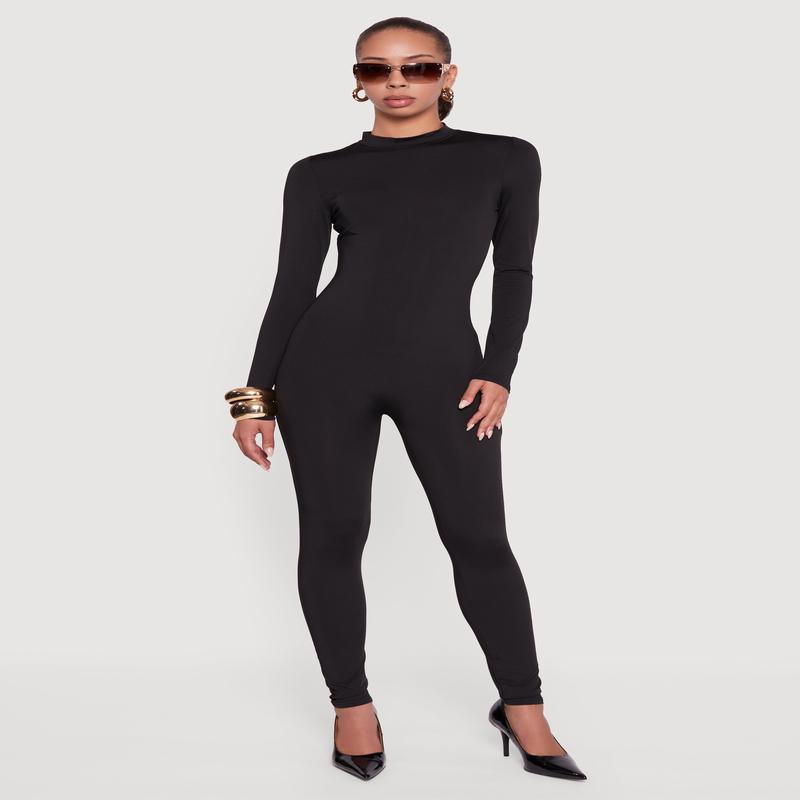 Solid Curve Hugging Catsuit with Zip Back