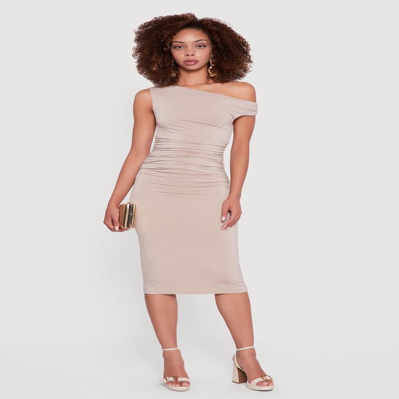 Asymmetrical One Shoulder Ruched Midi Dress