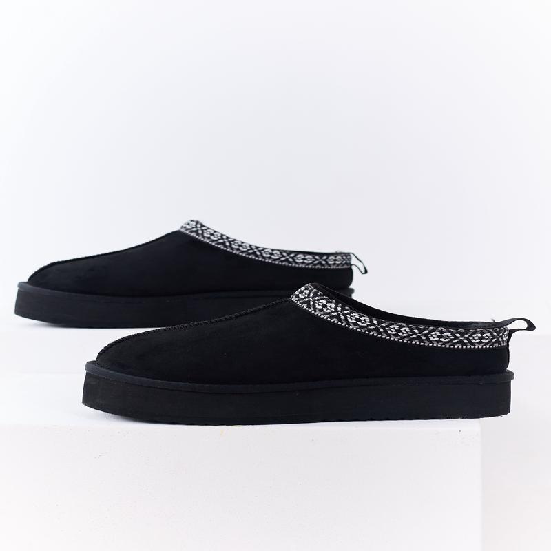 Black Faux Suede Fur Lined Platform Slippers