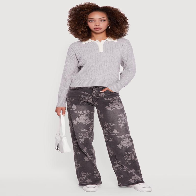 Cable Knit Polo Sweater with Contrast Trim