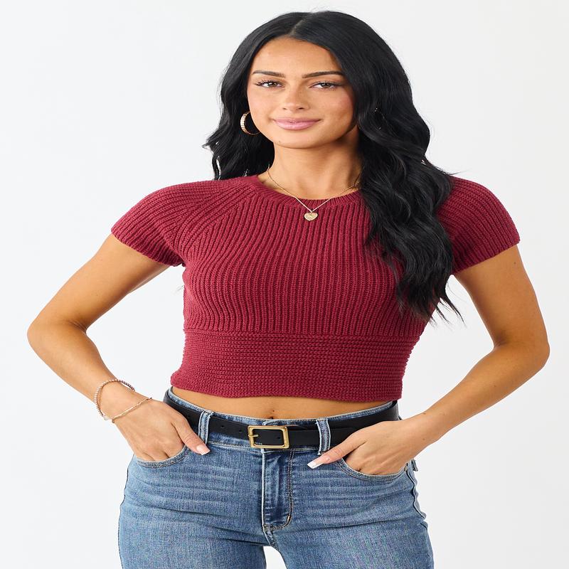 Cherry Rib Knit Back Tie Crop Sweater Top