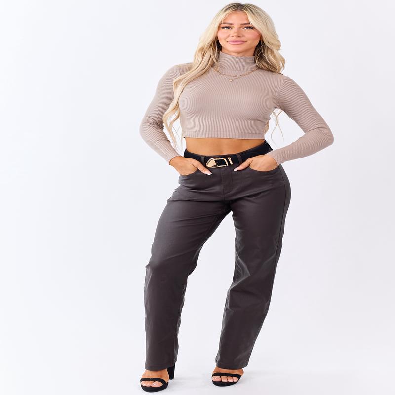 Chocolate Metallic Faux Leather Stretchy Straight Pants