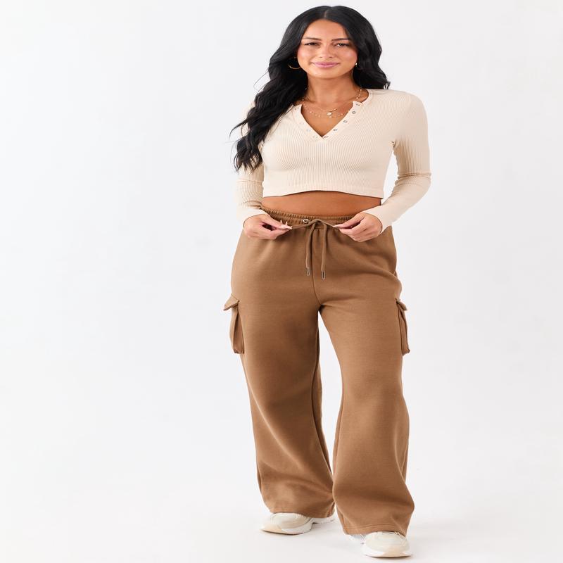Cognac Elastic Waist Knit Cargo Sweatpants