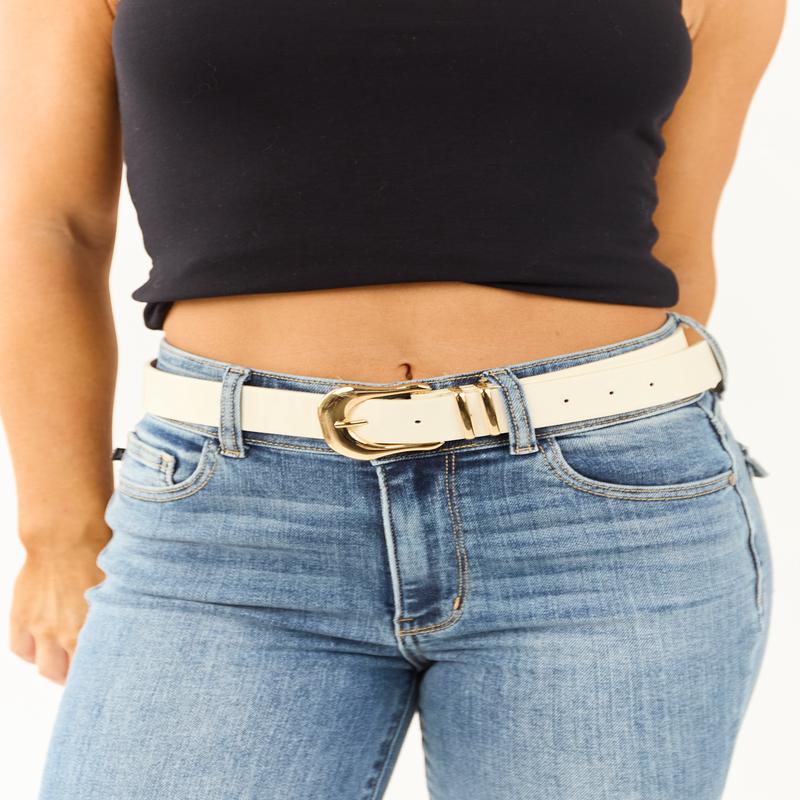 Cream Faux Leather Gold Buckle Belt