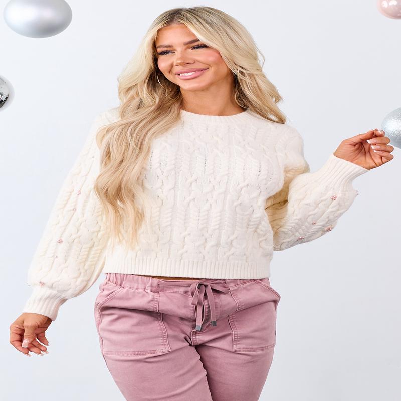 Cream Pearl Detailed Cable Knit Sweater