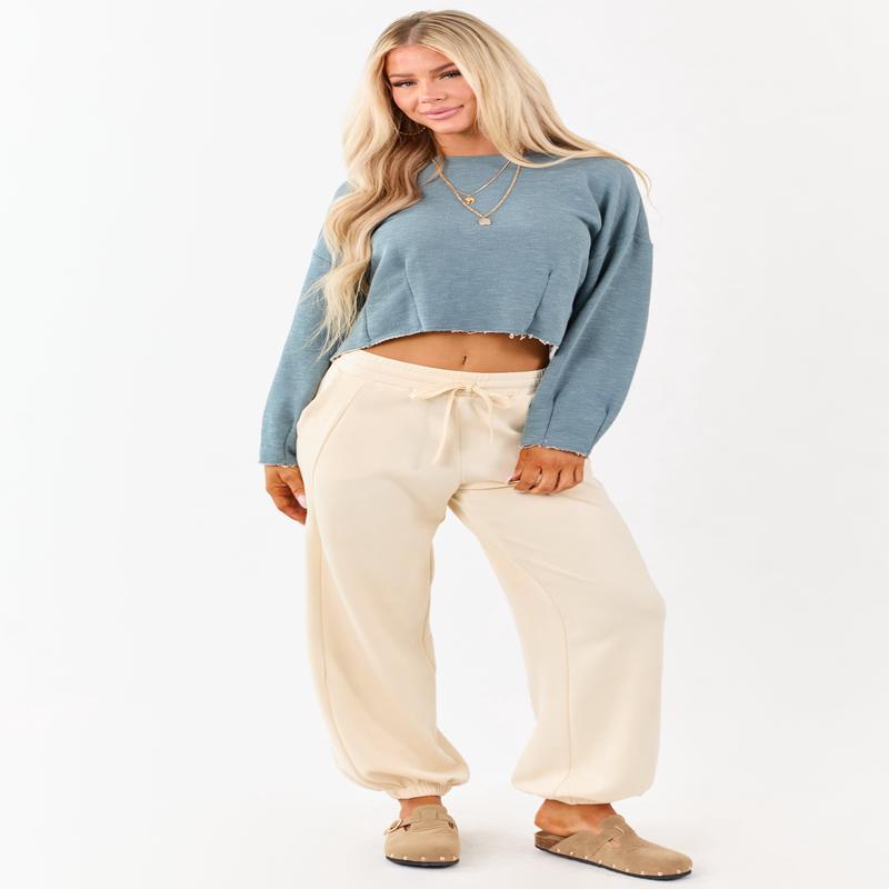 Cream Soft Knit Drawstring Jogger Sweatpants