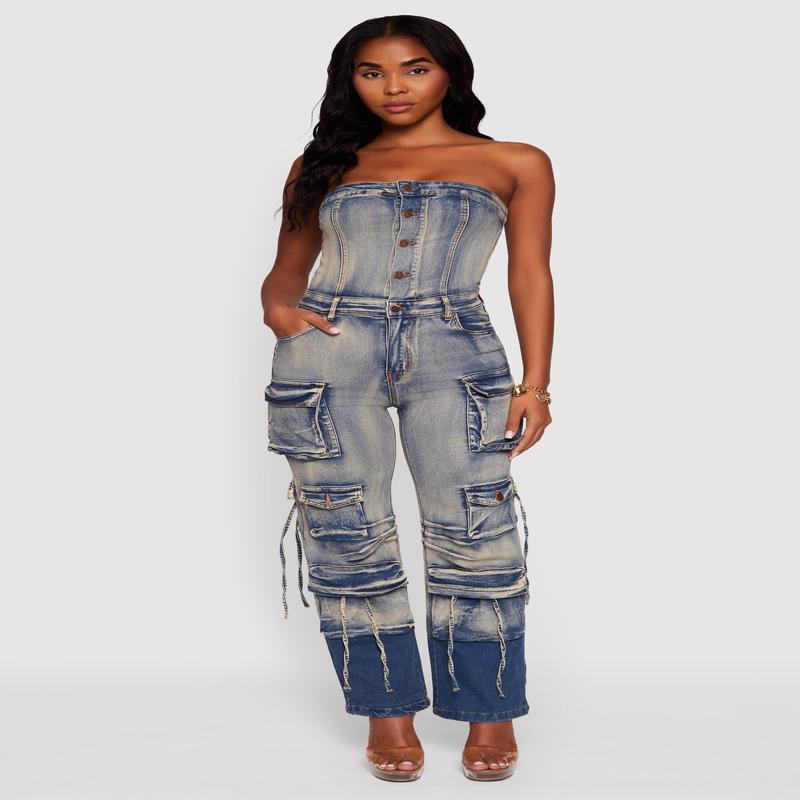 Denim Button Front Utility Jumpsuit