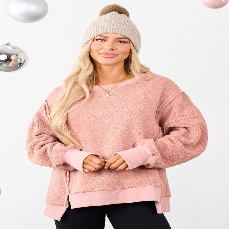 Dusty Rose Hem Slit Exposed Seam Fleece Sweater