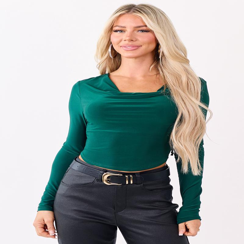 Forest Green Cowl Neck Long Sleeve Crop Top