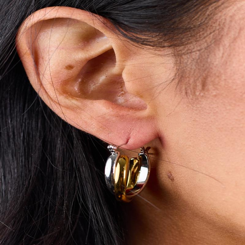 Gold and Silver Metallic Crossed Hoop Earrings