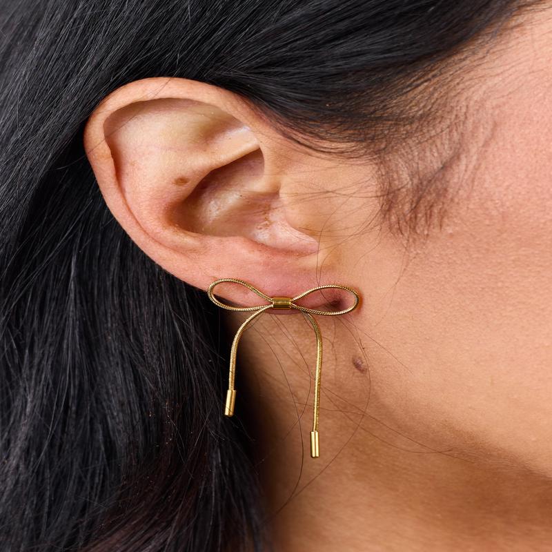 Gold Metallic Stainless Steel Bow Dangle Earrings